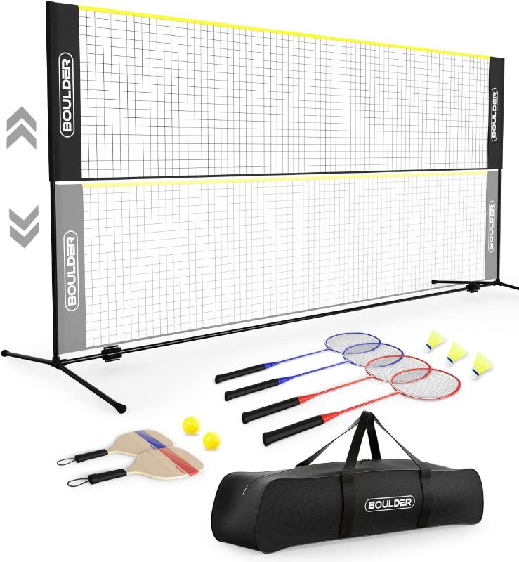 Photo 1 of Boulder Sports All-in-One Pickleball & Badminton Set - Half-Court Portable Pickleball Net, Adjusts to Badminton Net (10ft Wide x 5ft max Height) - Game Set w/ Pickleball Paddles and Badminton Rackets
