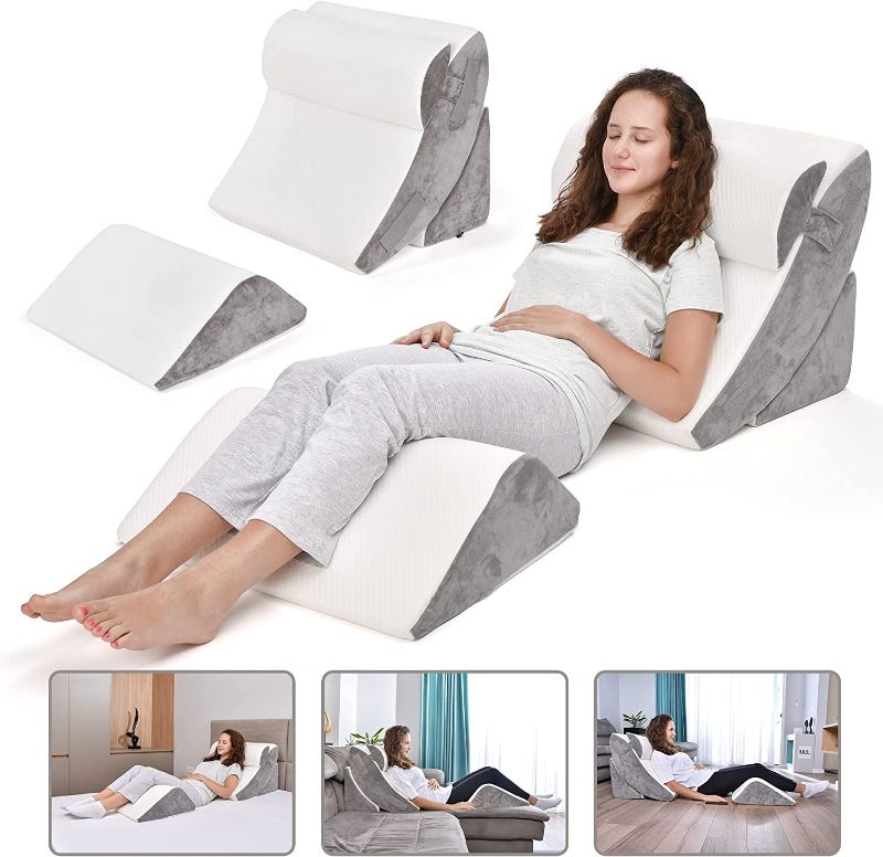 Photo 2 of  Bed Wedge Pillow Set – 4pc Orthopedic Wedge Pillow Set for Sleeping – 45D Memory Foam Post-Surgery Pillows for Back, Neck, Head, Shoulders Support & More – Ergonomic