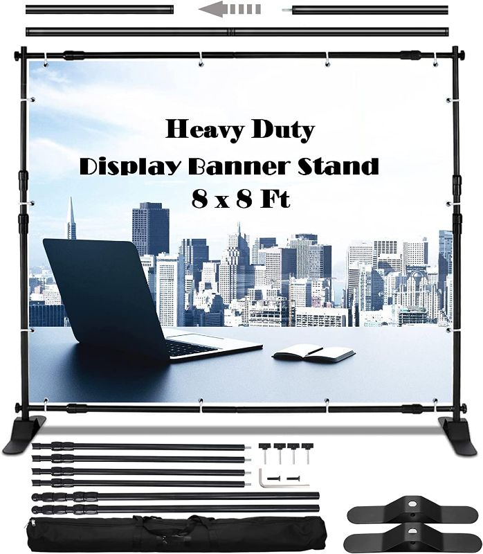 Photo 1 of ** FOR PARTS ONLY ** Hooomyai Backdrop Banner Stand 8 x 8 Ft Heavy Duty Adjustable Step and Repeat Stand Booth Banner with Carrying Bag for Parties, Trade Show, Photo Booth, Wall Exhibitor Background -- MISSING PIECES MISSING HARDWARE 
