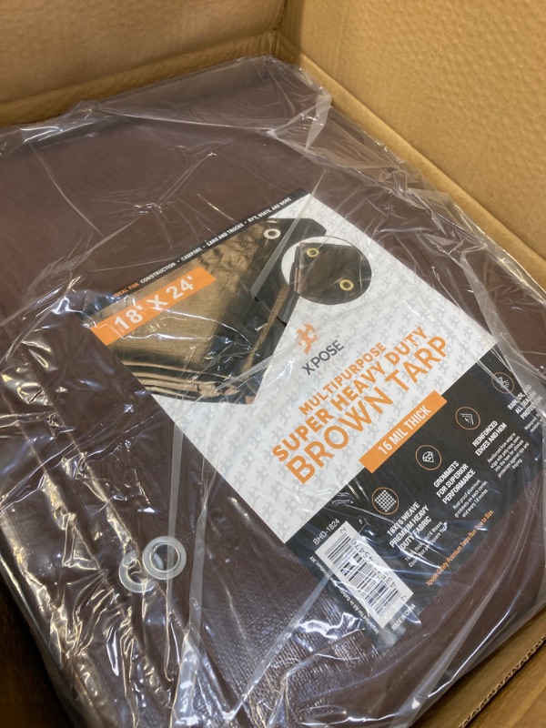 Photo 3 of 18' x 24' Super Heavy Duty 16 Mil Brown Poly Tarp Cover - Thick Waterproof, UV Resistant, Rip and Tear Proof Tarpaulin with Grommets and Reinforced Edges - by Xpose Safety -- DAMAGE TO PACKAGING, OPEN BOX 