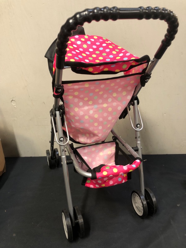 Photo 2 of Doll Stroller with Basket - My First Baby Doll Umbrella Stroller - Pink Polka Dot Foldable Doll Pram Baby Doll Accessories Gift Toys