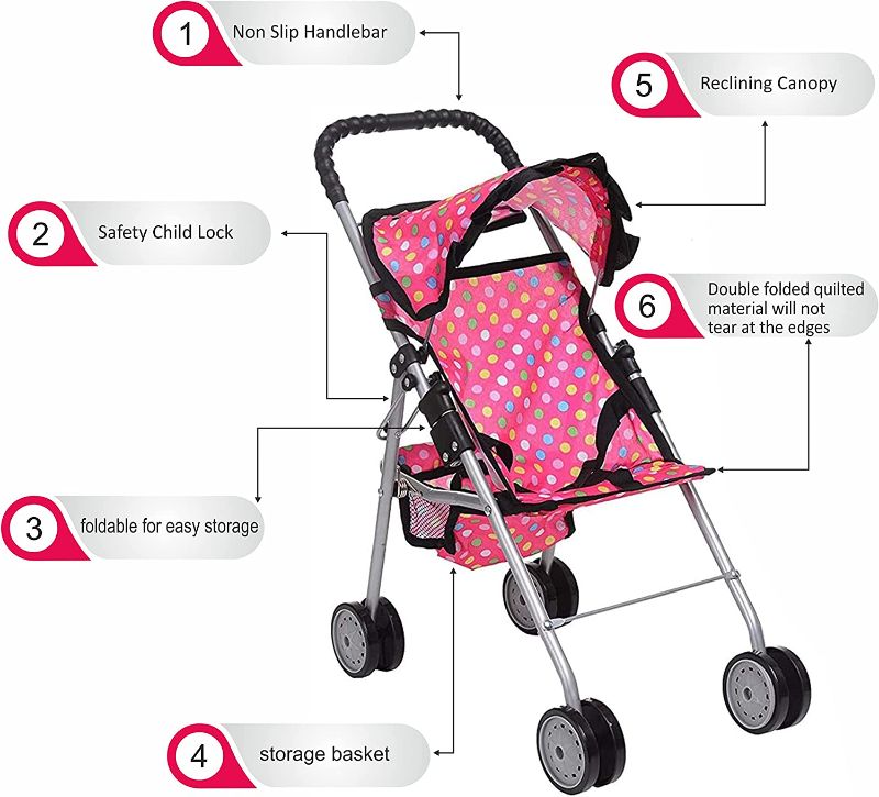 Photo 1 of Doll Stroller with Basket - My First Baby Doll Umbrella Stroller - Pink Polka Dot Foldable Doll Pram Baby Doll Accessories Gift Toys