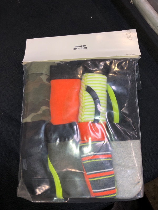 Photo 2 of Amazon Essentials Boys' Cotton Boxer Briefs Underwear, Multipacks 8 Black/Olive/Orange, Camo/Stripe, SIZE L 