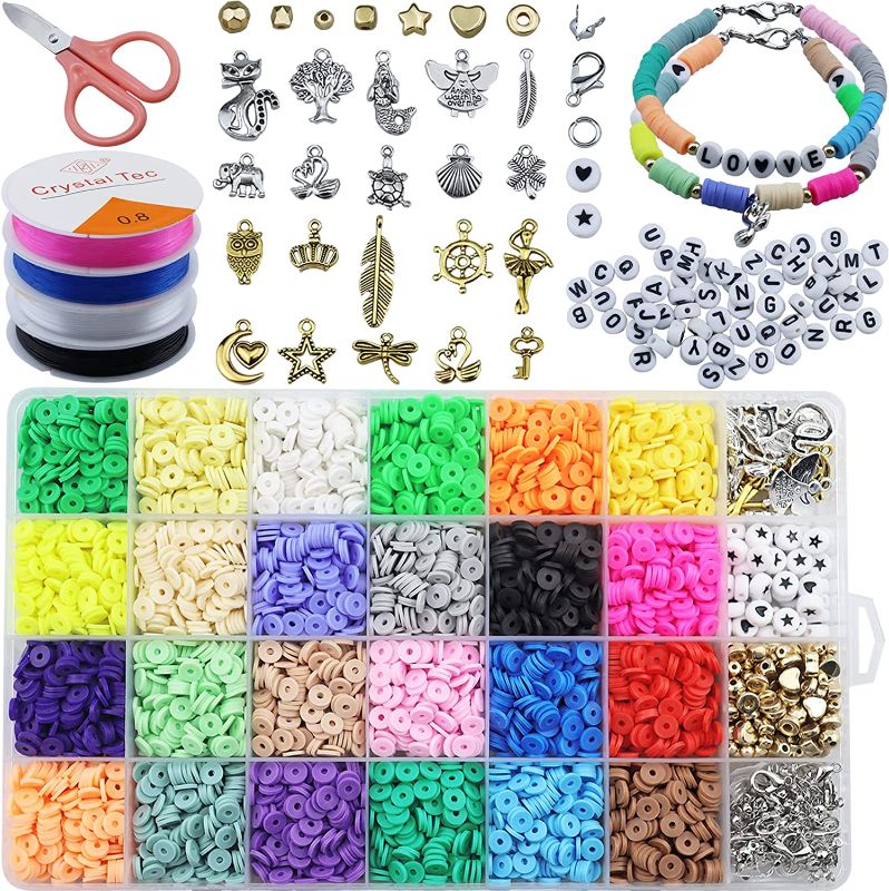 Photo 1 of 6464 Pcs Clay Beads for Jewelry Making 6mm 24 Colors Flat Round Polymer Clay Spacer Beads with 4 Complete Alphabet Beads, Charms, Jump Rings, Clasp and 4 Roll Elastic Strings for DIY Bracelet Necklace
