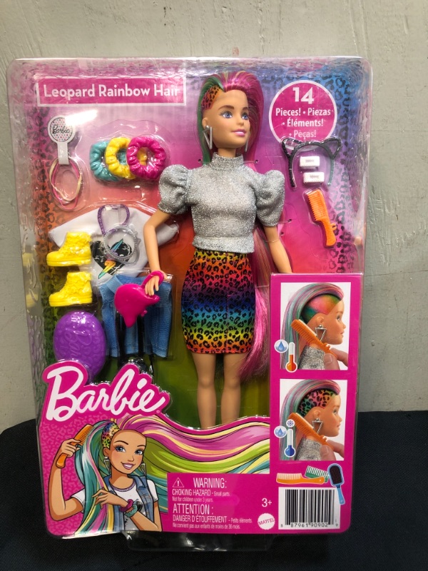 Photo 2 of Barbie Leopard Rainbow Hair Doll (Blonde) with Color-Change Hair Feature, 16 Hair & Fashion Play Accessories Including Scrunchies, Brush, Fashion Tops, Cat Ears, Cat Purse & More