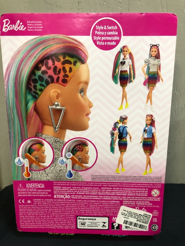 Photo 3 of Barbie Leopard Rainbow Hair Doll (Blonde) with Color-Change Hair Feature, 16 Hair & Fashion Play Accessories Including Scrunchies, Brush, Fashion Tops, Cat Ears, Cat Purse & More