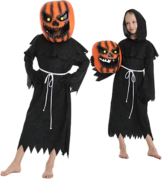 Photo 1 of Child Scary Scarecrow Pumpkin Costume, Halloween Kids Unisex Wicked Pumpkin Costume Set, Pumpkin Mask for Cosplay Boys Girls
