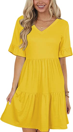 Photo 1 of Berryou Dress for Women Short Sleeve Ruffle T-Shirt V Neck Casual Flowy Dresses with Pockets 2022 SIZE L 
