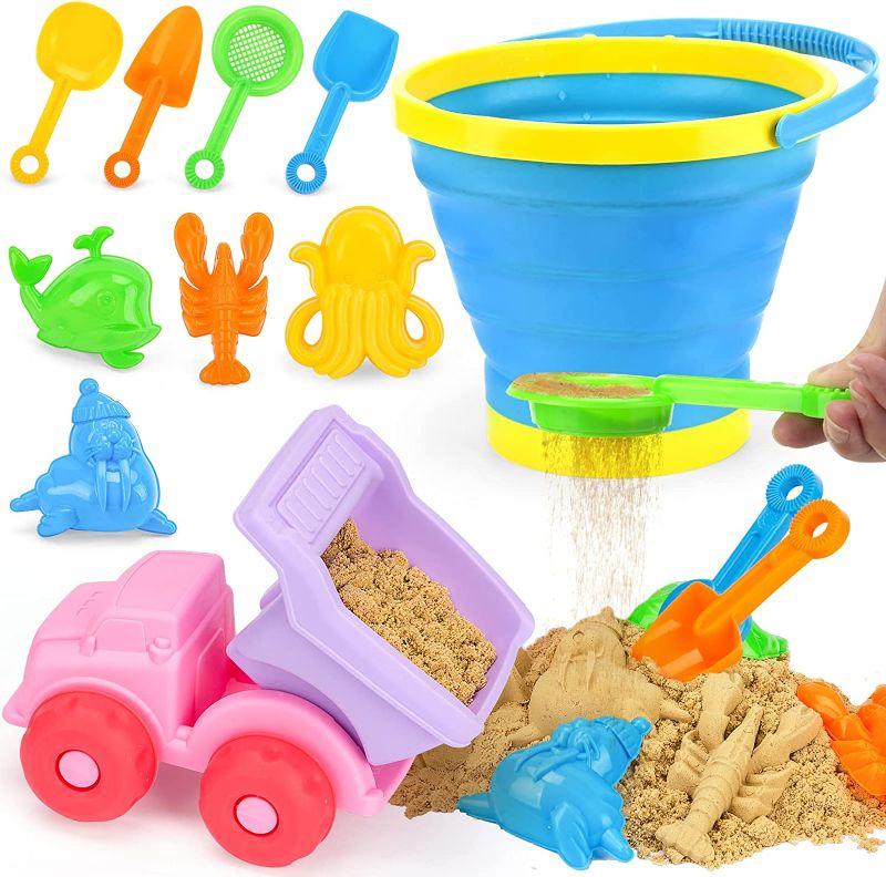 Photo 1 of AMOR Beach Toys Set, Foldable Beach Bucket Collapsible Seach Toys with Truck Sand Molds Beach Pails for Toddlers Indoor Outdoor
