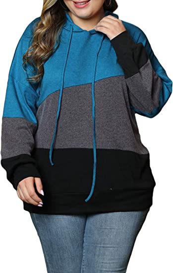 Photo 1 of AlvaQ Women Sweatshirt Plus Size Casual Loose Colorblock Stripe Drawstring Hoodies Pullover Tunic Tops 1X
