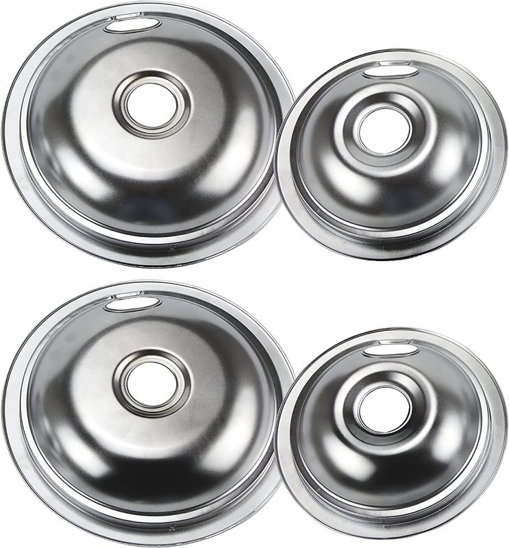 Photo 1 of 316048413 & 316048414 Range Burner Chrome Drip Pan Bowls Set 4 Pack Replacement for Frigidaire/Electric Kenmore Stove with Locking Slot Includes 2 Large 2 Small (6 Inch and 8 Inch)
