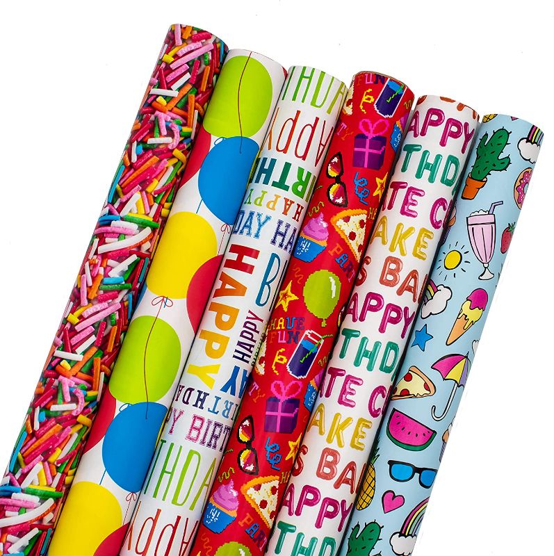 Photo 1 of B-THERE Birthday Gift Wrap Wrapping Paper for Boys, Girls, Adults. 6 Cute & Funny Different Designs of 6 ft X 30 Roll! Includes Cactus, Fruit, Rainbows, Rainbow Sprinkles, Pizza, Balloons, Donuts
