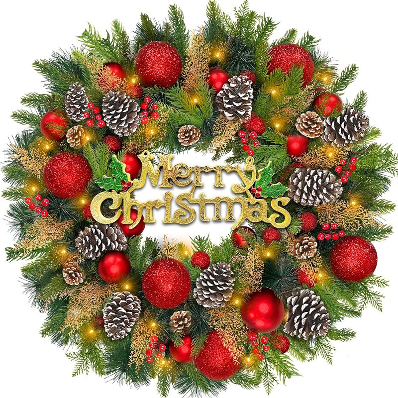 Photo 1 of 30 Inch 80 LED Large Prelit Christmas Wreath Decorations Front Door Timer “Merry Christmas” Battery Operated Realistic Spruce Tips 27 Balls Glitter Cypress 45 Berry Jumbo15 Pinecones Xmas Decor Home
