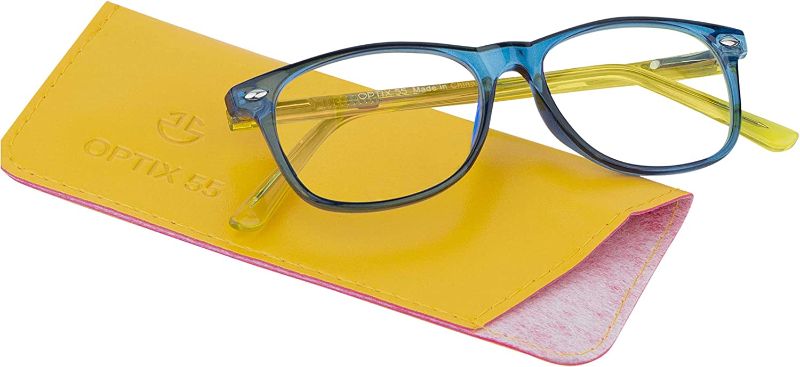 Photo 1 of Blue Light Blocking Glasses Girls & Boys | Anti Eyestrain Blue Light Glasses Kids Computer Gaming Glasses (Ages 3-10) | Flexible Blue Square Frames with Yellow Temples Video Phone Screen Eyeglasses
