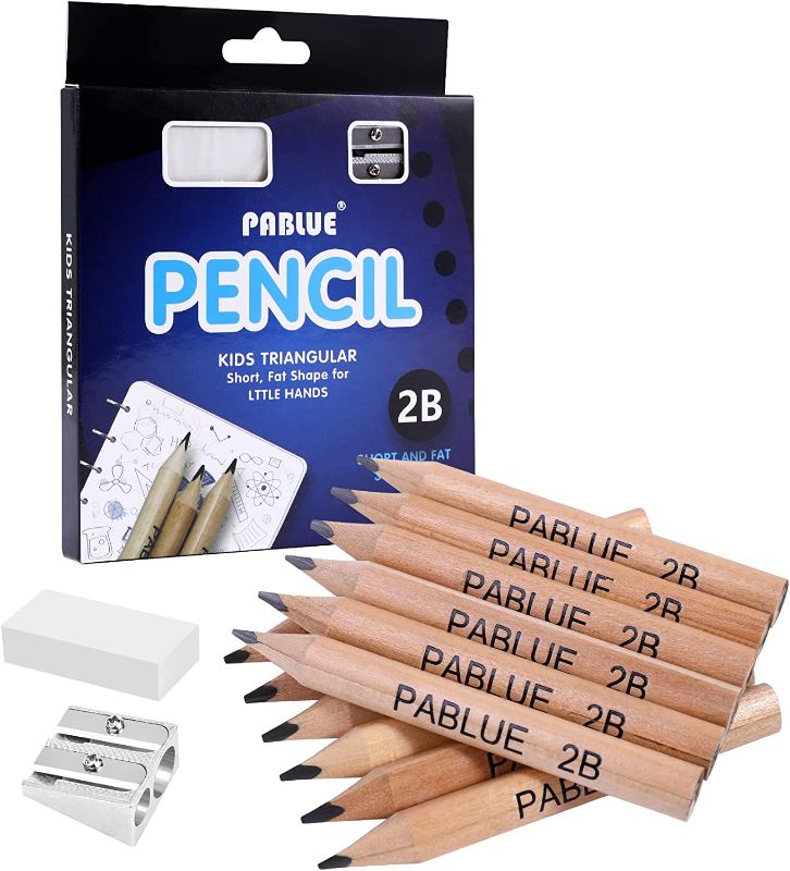 Photo 1 of  Short, Fat, Thick, Strong Triangular Presharpened 2B Pencils, 3.5 Inch Jumbo Wood Pencils with Eraser and Sharpener, for Beginners, Writing and Drawing (Wood color, Pack of 14)