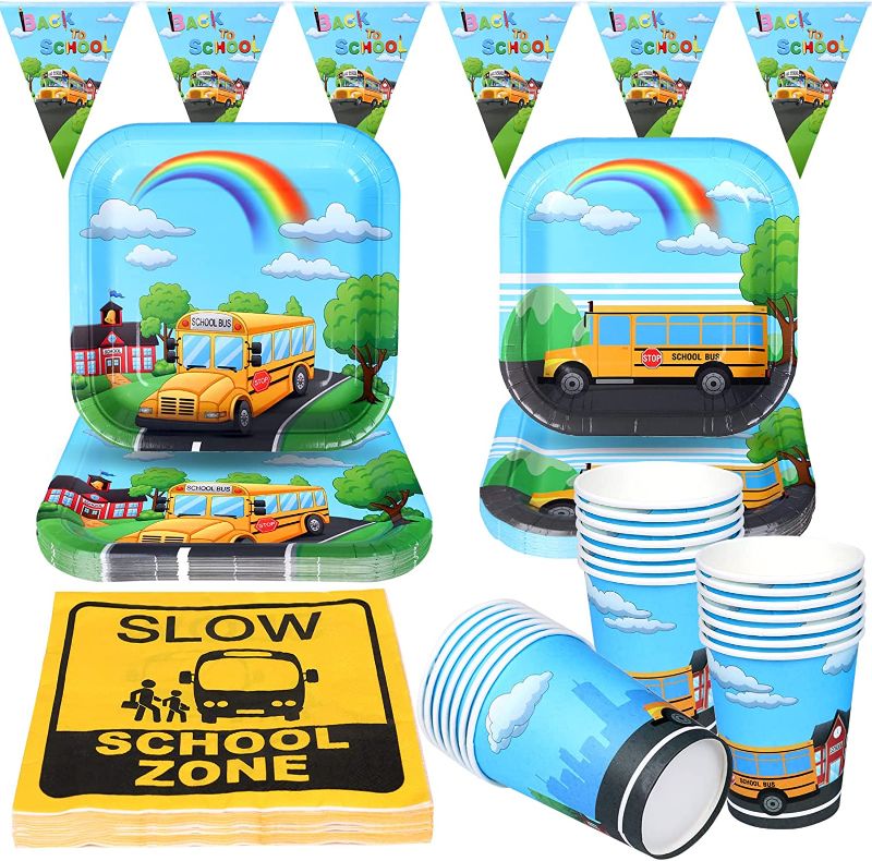Photo 1 of Antsparty School Bus Party Plates Cups and Napkins 16 Guests, Back to School Party Table Supplies Kindergarten Decorations
