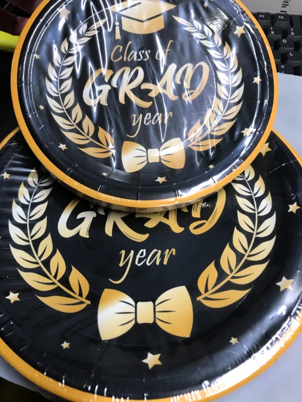 Photo 2 of 2023 Graduation Party Supplies, Graduation Party Decorations 2023, Disposable Dinnerware Set Graduation Paper Plates Congrats Grad! Including 24 Pcs Dinner Plates and Dessert Plates Serves 24 Guests 24guests Black(No tablecloth)