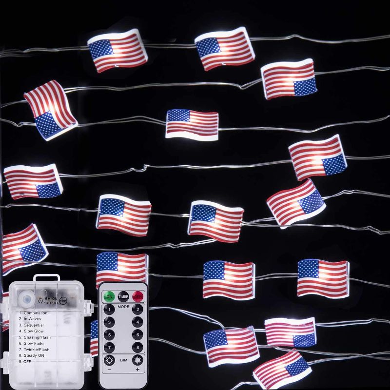 Photo 1 of 10ft 40 LEDs Patriotic Decorations String Lights, USA American Flag Lights String, 4th of July Decorations, Memorial Day Decorations Battery Operated, Remote Control, with Timer, for Indoor & Outdoor
