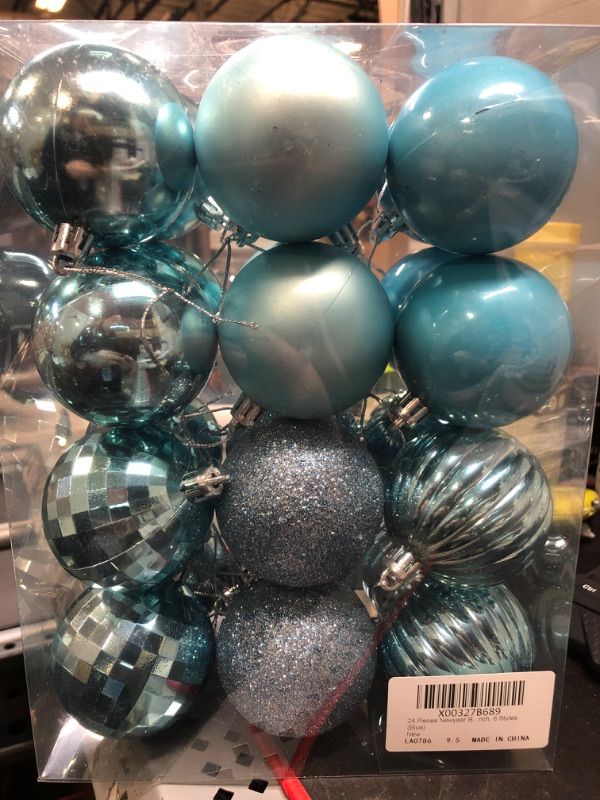 Photo 2 of 24 Pieces Christmas Ball Ornaments Christmas Tree Decorations Tree Balls for Tree Ornaments Holiday Wedding Party Decoration Hooks 2.36 Inch, 6 Styles (Blue)