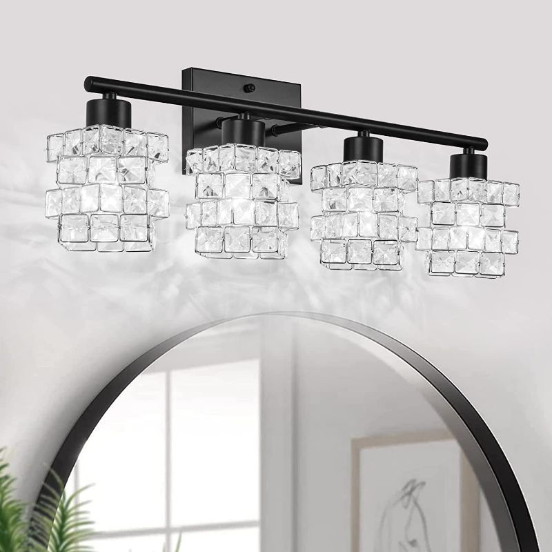 Photo 1 of BEHIYA 4-Lights Vanity Lights, Crystal Bathroom Light Fixtures Over Mirror Indoor Lighting Matte Black with Crystal Shades for Makeup & Dressing Table Foyer
