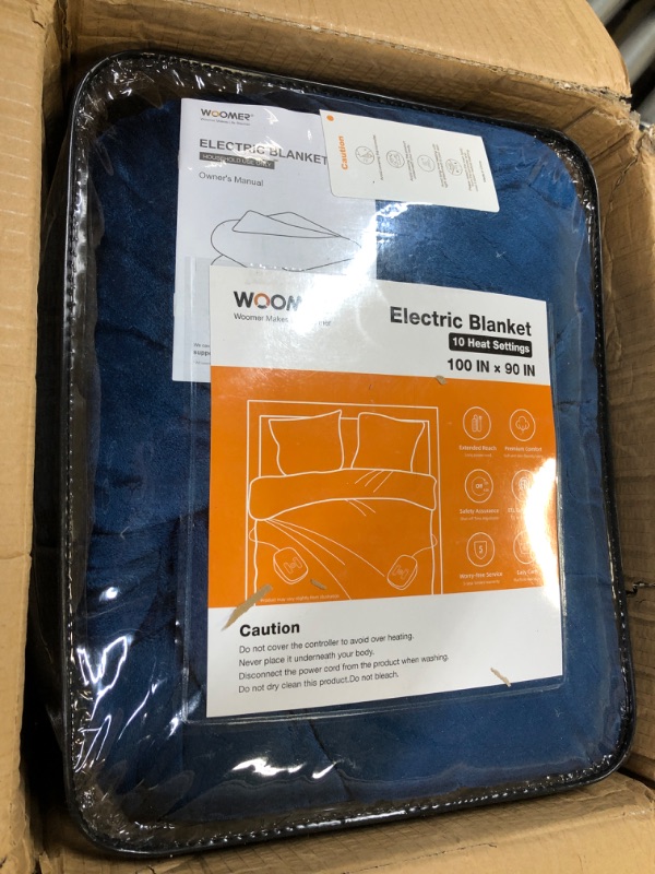 Photo 2 of [5 Year Warranty] WOOMER Electric Heated Throw Blanket, Soft Flannel Fast Heating Blanket with Multi-Color Option, King Size 100"x 90", 10 Heating Levels & 0.5-12H Auto Off, Over-Heat Protection King Size 100" × 90" Navy-sherpa & Flannel