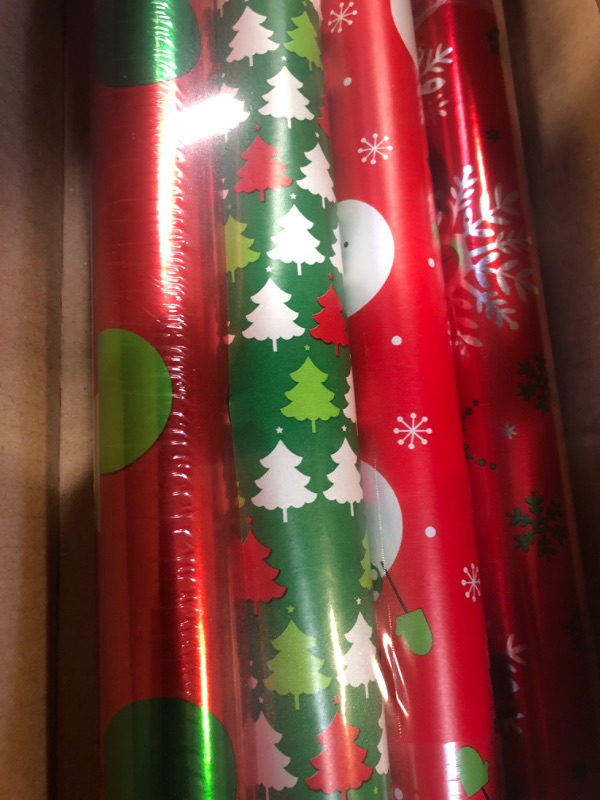 Photo 2 of American Greetings Christmas Reversible Wrapping Paper Bundle, Polka Dots, Trees, Snowmen and Snowflakes (4 Rolls, 120 sq. ft.) Polka Dots, Trees, Snowmen and Snowflakes Wrapping Paper