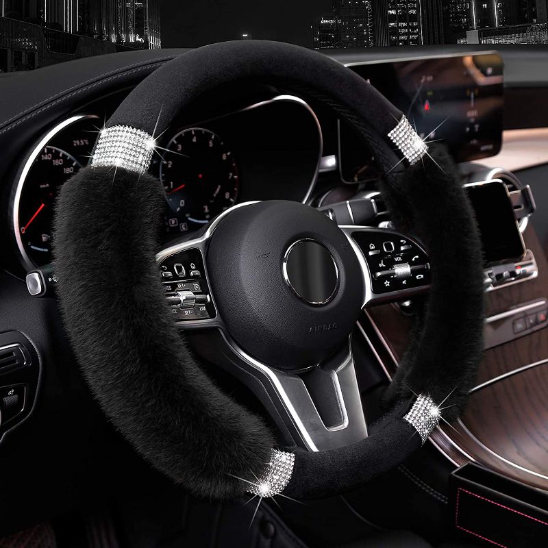 Photo 1 of Achiou Steering Wheel Cover, Fluffy, Universal Rhinestone, Comfortable, Non-Slip Luxurious Faux Wool,Bedazzled Car Accessories for Women, Fits for 14.5 to 15 Inch
