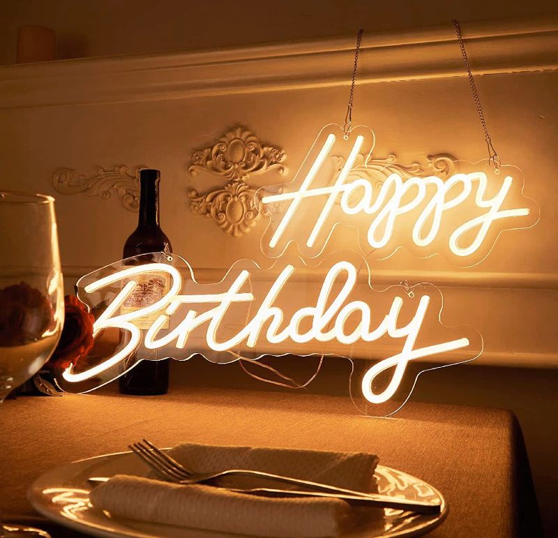 Photo 1 of Happy Birthday Neon Sign, Hiaksedt Large Led Sign, Neon Light Sign for Bedroom/Wall Decor/Party Decorations, Word Neon Sign with 4 Brightness Modes, Warm White, 22.8”×8.3”&16.5”×8.3”
