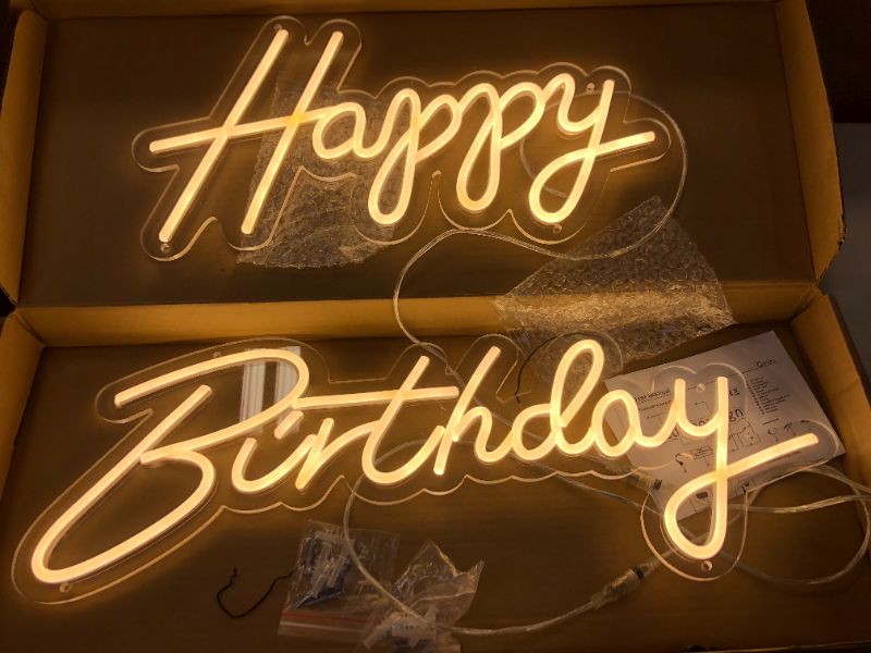 Photo 3 of ATOLS Happy Birthday Large Neon Sign for Wall Decor, with Dimmable Switch, Reusable Happy Birthday Neon Light Sign for All Birthday Party Decoration, Size-Happy 16.5x8inch, Birthday 23 X 8inch -- light is burnt where h meets a 