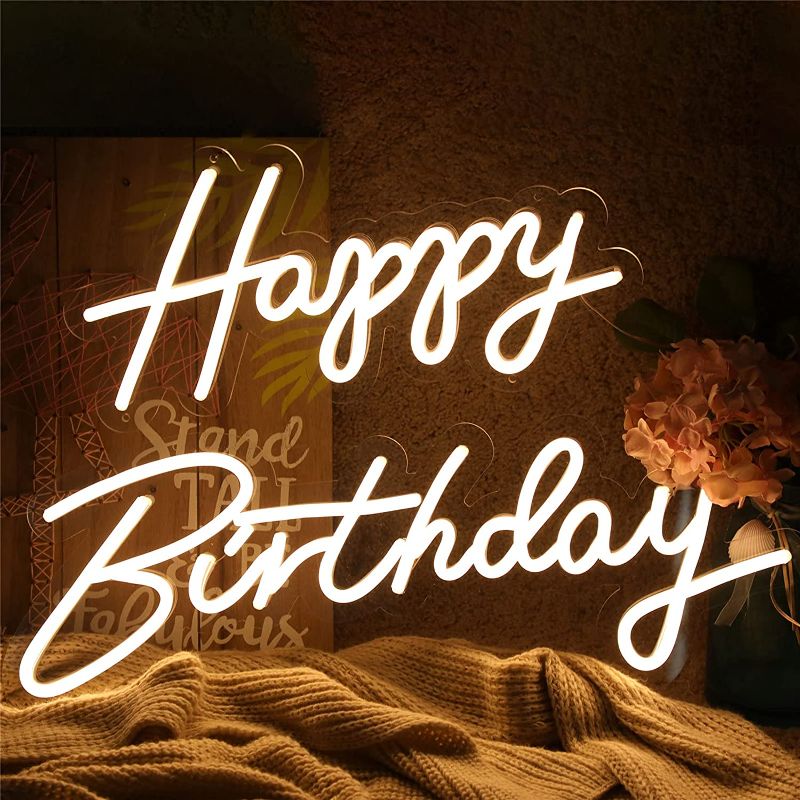 Photo 1 of ATOLS Happy Birthday Large Neon Sign for Wall Decor, with Dimmable Switch, Reusable Happy Birthday Neon Light Sign for All Birthday Party Decoration, Size-Happy 16.5x8inch, Birthday 23 X 8inch -- light is burnt where h meets a 