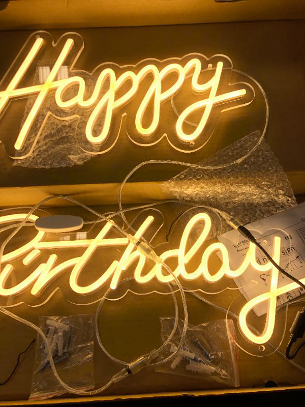 Photo 2 of ATOLS Happy Birthday Large Neon Sign for Wall Decor, with Dimmable Switch, Reusable Happy Birthday Neon Light Sign for All Birthday Party Decoration, Size-Happy 16.5x8inch, Birthday 23 X 8inch -- light is burnt where h meets a 