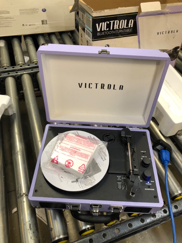 Photo 3 of Victrola Vintage 3-Speed Bluetooth Portable Suitcase Record Player with Built-in Speakers | Upgraded Turntable Audio Sound | Lavender (VSC-550BT-LVG) Lavender/Silver Record Player