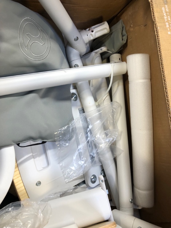 Photo 3 of CYBEX LEMO 1.5 High Chair System, Grows with Child up to 209 lbs, One-Hand Height and Depth Adjustment, Anti-Tip Wheels Safety Feature, Porcelain White Porcelain White - Wood High Chair---missing some parts ---sale for parts 
