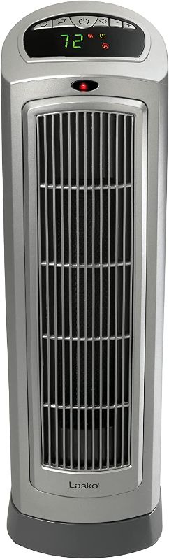 Photo 1 of Lasko Oscillating Digital Ceramic Tower Heater for Home with Adjustable Thermostat, Timer and Remote Control, 23 Inches, 1500W, Silver, 755320
