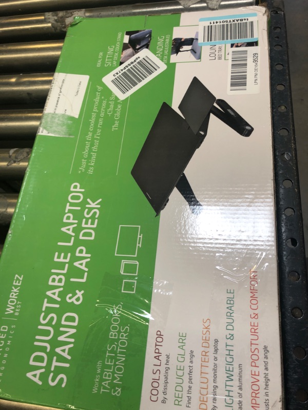 Photo 1 of WorkEZ BEST Adjustable Laptop Stand Lap Desk for Bed Couch with Mouse Pad ergonomic height angle tilt aluminum desktop riser tray portable computer riser table cooler cooling folding holder black