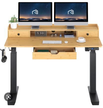 Rolanstar Single Motor Free Standing Electric Height Adjustable Desk With Drawers And Headphone Hooks 47 Inch, Color: Bamboo