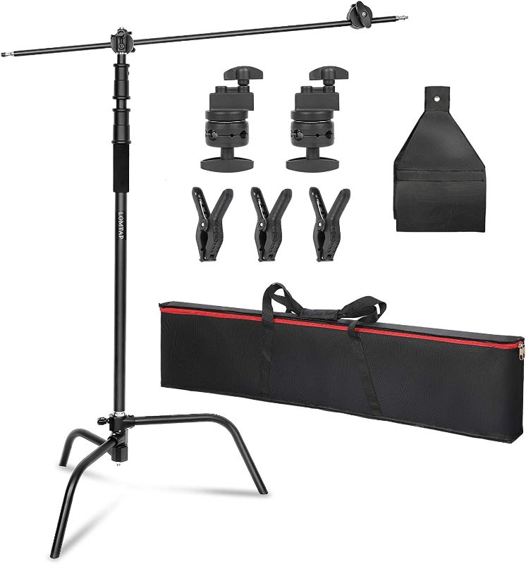 Photo 1 of LOMTAP C Stand Heavy Duty Light Stand with Boom Arm Adjustable 5ft/150cm Century Stand with 50.4"/128cm Holding Arm Grip Head Clips for Photography Studio Video Reflector Softbox Umbrella Monolight