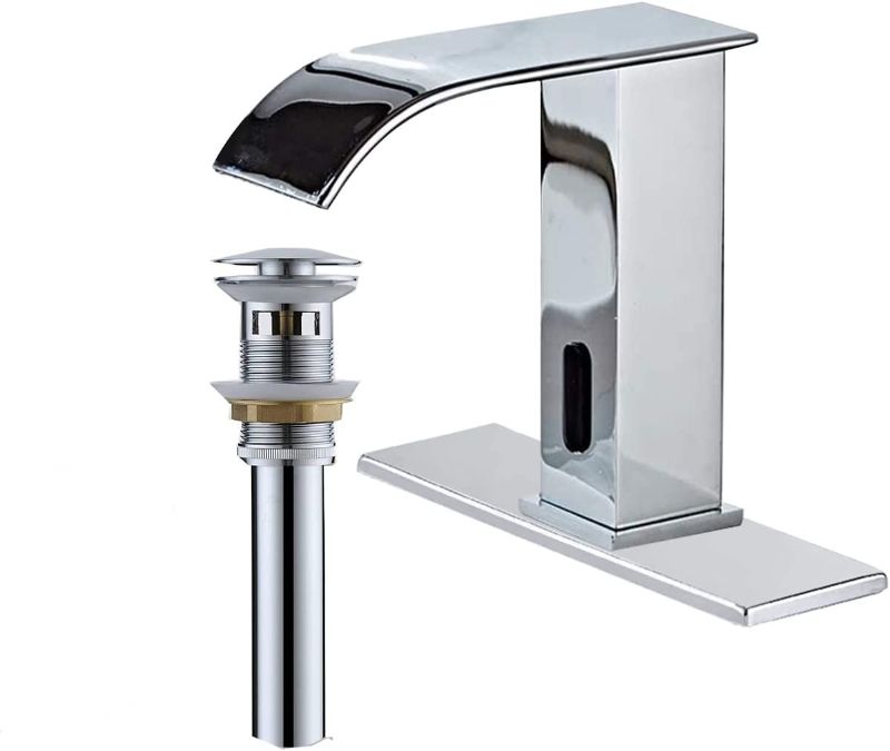 Photo 1 of Automatic Touchless Bathroom Faucet Sensor Waterfall Chrome Bathroom Sink Faucet with Pop up Drain Stopper Overflow Electronic Motion Activated Hands-Free Vanity Faucet AC/DC Powered

