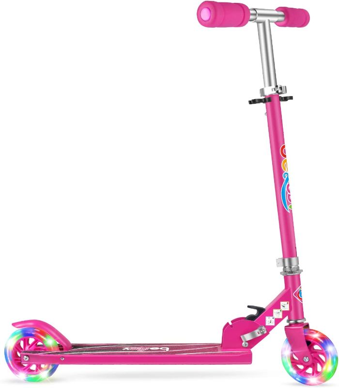 Photo 1 of BELEEV V1 Scooters for Kids, 2 Wheel Folding Kick Scooter for Girls Boys, 3 Adjustable Height, Light Up Wheels, Lightweight Scooter with Sturdy Frame, Kickstand for Children 3 to 12 Years Old, Hot Pink