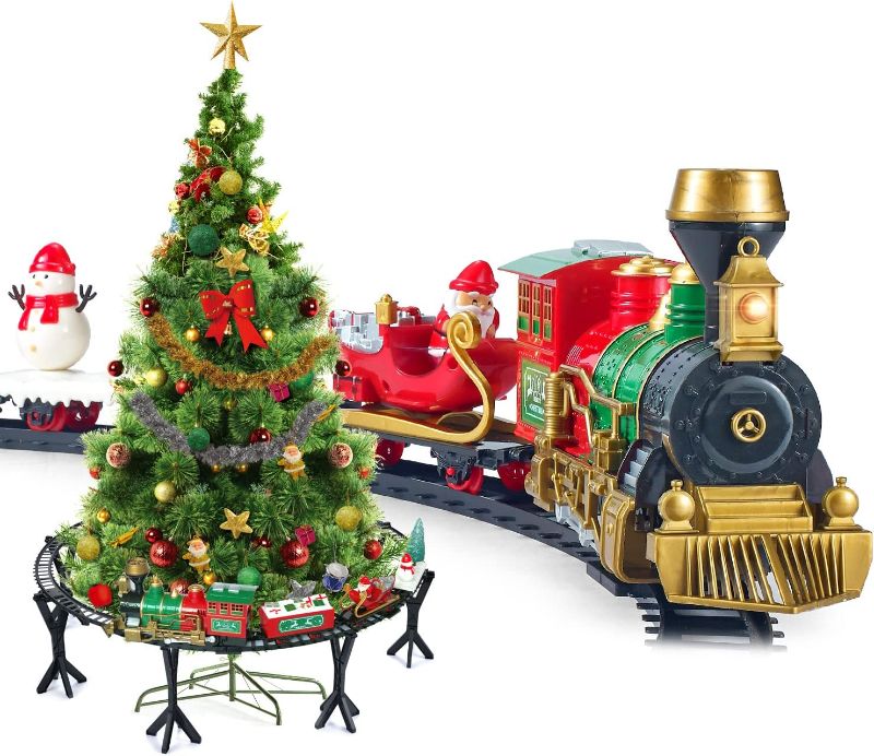 Photo 1 of Christmas Train Set, Train Toy Set Track Elevated with Locomotive Santa Claus Snowman Xmas Tree Cargo Car Light Controllable Sound, Easy Assemble Electric Train Set for Kids Boys Girls---------Lightly used---------missing some items 
