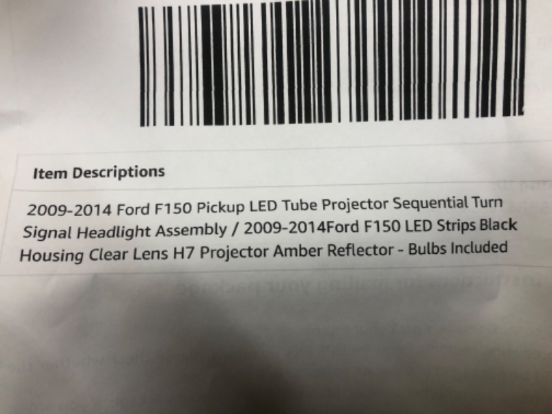 Photo 3 of 2009-2014 Ford F150 Pickup LED Tube Projector Sequential Turn Signal Headlight Assembly / 2009-2014Ford F150 LED Strips Black Housing Clear Lens H7 Projector Amber Reflector - Bulbs Included LED w/Sequential Turning Signal and H7 Projector D-Black Housing