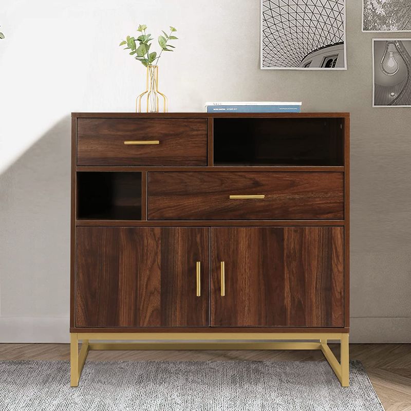 Photo 1 of Anmytek Mid Century Wood 2 Doors Accent Storage Cabinet, Farmhouse Walnut Kitchen Buffet Sideboard with Drawers and Shelves Entryway Living Room H0038 --- Box Packaging Damaged, Item is New

