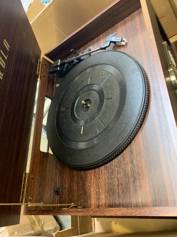 Photo 6 of Victrola Nostalgic 6-in-1 Bluetooth Record Player & Multimedia Center with Built-in Speakers - 3-Speed Turntable, CD & Cassette Player, AM/FM Radio | Wireless Music Streaming | Espresso Espresso Entertainment Center --- Box Packaging Damaged, Moderate Use