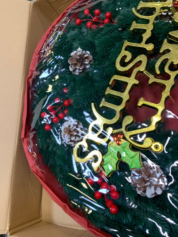 Photo 1 of 24 Inch Pre-Lit Artificial Christmas Wreath, Lighted Christmas Wreath for Front Door with Battery Operated 60 LED Lights, Decorated with Pine Cones, Berry Clusters,Christmas Collection --- Box Packaging Damaged, Minor Use
