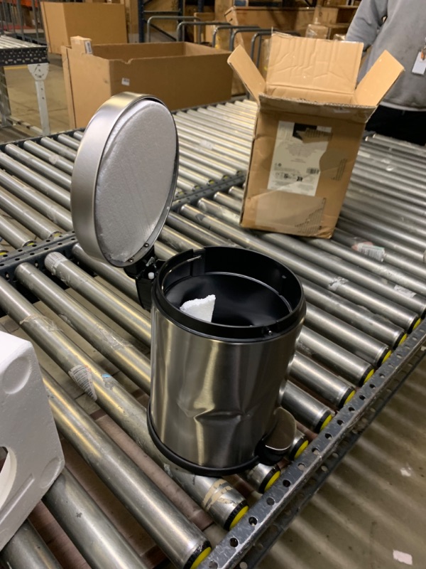 Photo 3 of Amazon Basics 5 Liter / 1.3 Gallon Round Soft-Close Trash Can with Foot Pedal - Stainless Steel 5L / 1.3 Gallon --- Box Packaging Damaged, Moderate Use, Scratches and Scuffs on Metal, Dents in Metal as Shown in Pictures, Doesnt close all the way