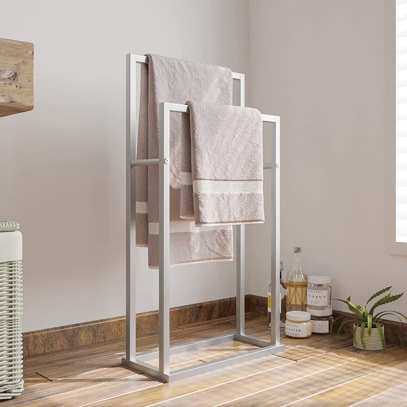 Photo 1 of BOFENG 2-Tier Freestanding Silver Towel Rack Steel Metal Towel Bar Holder,Modern 2 Bars Ladder Drying Rails Rust-Resistant Finish,Bathroom Storage Accessories Organizer for Hand Towel,Kitchen Cloth --- Item is New, Item is Sealed

