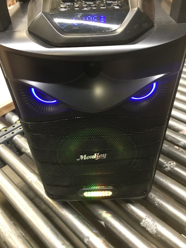 Photo 1 of Moukey Karaoke Machine, PA System Subwoofer, Portable Bluetooth Speaker w/ 2 Wireless Microphones, Lyrics Display Holder, Party Lights & Echo/Treble/Bass Adjustment, Support TWS/REC/AUX/MP3/USB/TF/FM 10" Subwoofer