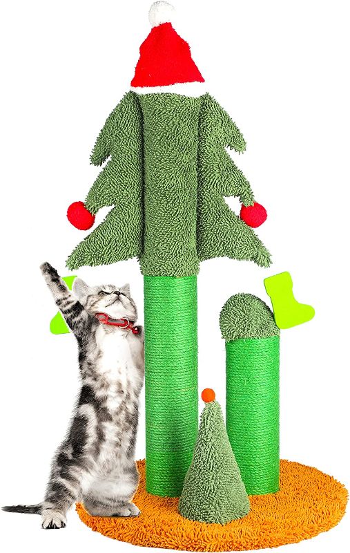 Photo 1 of 32” Cat Scratching Post, Tall Christmas Tree Cat Scratcher with 3 Posts and Cute Dangling Teaser Balls, Natural Sisal Rope Cat Toys for Kitty and Adult Cats