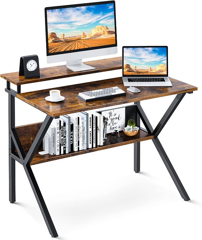 Photo 1 of ODK Small Computer Desk, 27.5 inch Desk for Small Spaces with Storage, Compact Table with Monitor & Storage Shelves for Home Office, Modern Style Laptop Desk, Rustic Brown