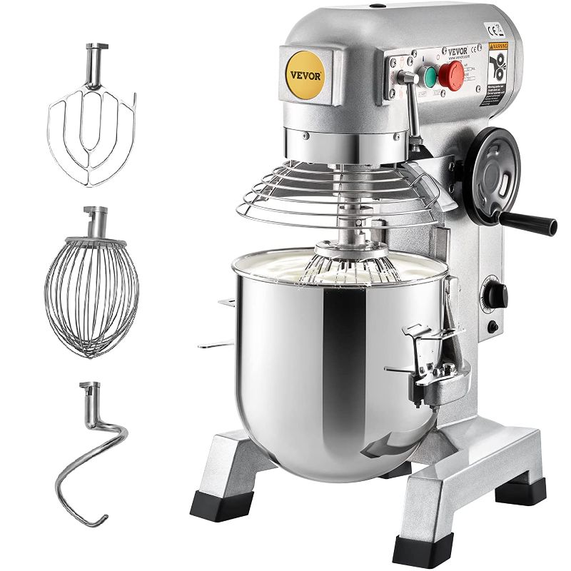 Photo 1 of VEVOR Commercial Food Mixer, 15Qt Commercial Mixer with Timing Function, 500W Stainless Steel Bowl Heavy Duty Electric Food Mixer Commercial with 3 Speeds Adjustable 113/184/341 RPM, Dough Hook Whisk Beater Included, Perfect for Bakery Pizzeria --- No Box